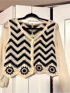 Crochet Chevron button up Cardigan/ Top with Sheer Sleeves - Black & Cream